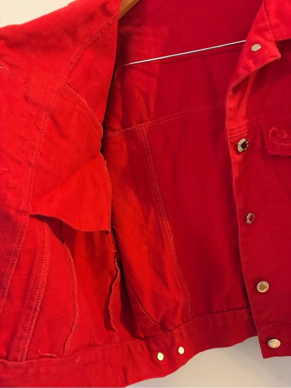 Vintage 90s Red Cropped Denim Jacket Boxy Retro Streetwear 2750, Sz 9/Medium. - Picture 3 of 16